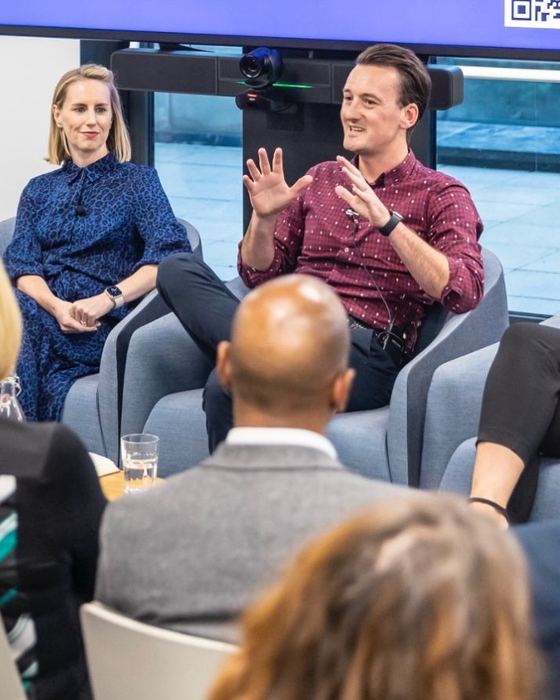 North speaking on a panel about purpose and innovation